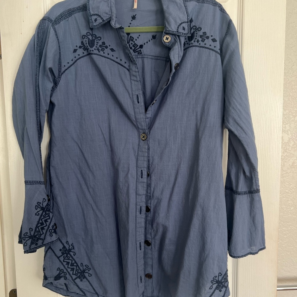 Blue Embroidered Button-Up Shirt Dress